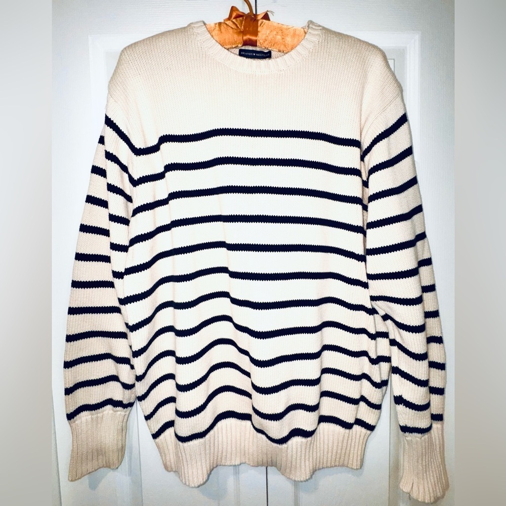 Brandy Melville Cream and Dark Navy Striped Crewneck Sweater OS (M-L)